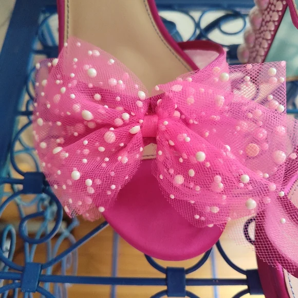 Betsey Johnson Hot Pink Tulle Bow Slingback Heels peep toe - Picture 3 of 16